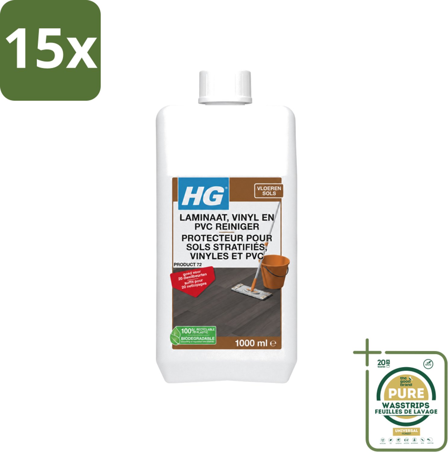 15 x HG - Laminaat, Vinyl & PVC Reiniger - Frisse Geur - Reinigt Streeploos - 20 Dweilbeurten - 1L - Wasstrips - Laminaatreiniger - Vloerreiniger - Dweilbeurt - Laminaatvloer - Reinigen