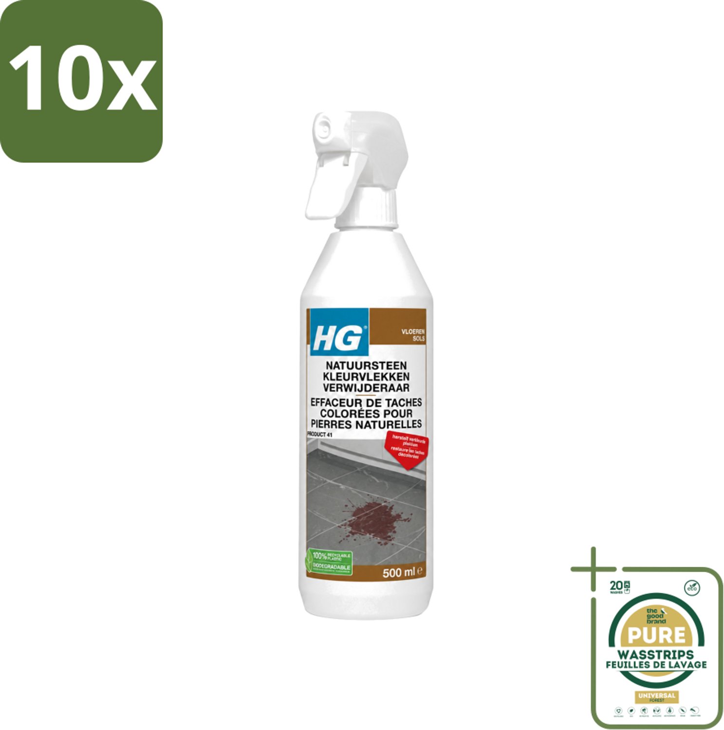 10 x HG - Natuursteen Kleurvlekken Verwijderaar - Hersteld Verkleurde Plekken - 500 ml - Wasstrips - Natuursteen Vlekkenverwijderaar - Vlekken Verwijderen - Marmer Vlekken - Natuursteen Reinigen - Kleur Herstellen