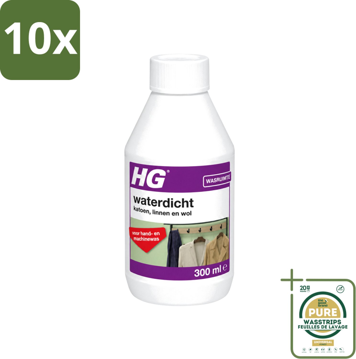 10 x HG - Wasruimte - Waterdicht Katoen, Linnen & Wol - Voor Hand & Machine Was - 300 ml - Wasstrips - Waterdicht Textiel - Vuilafstotend Textiel - Katoen Waterdicht - Linnen Waterdicht - Wol Waterdicht