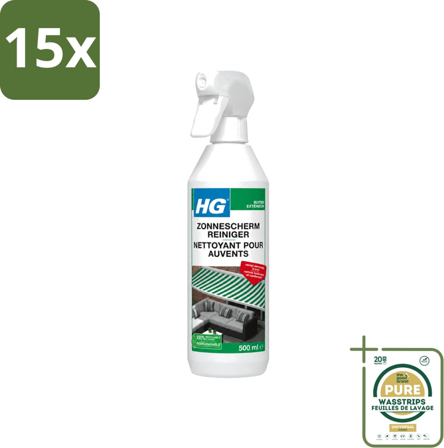 15 x HG - Buiten - Zonneschermreiniger - Reinigt Eenvoudig & Snel - 500 ml - Wasstrips - Zonnescherm Reinigen - Buitenstoffen Reinigen - Zonnescherm Reiniger - Zonnescherm Reinigen Snel - Zonnescherm Reinigen Eenvoudig