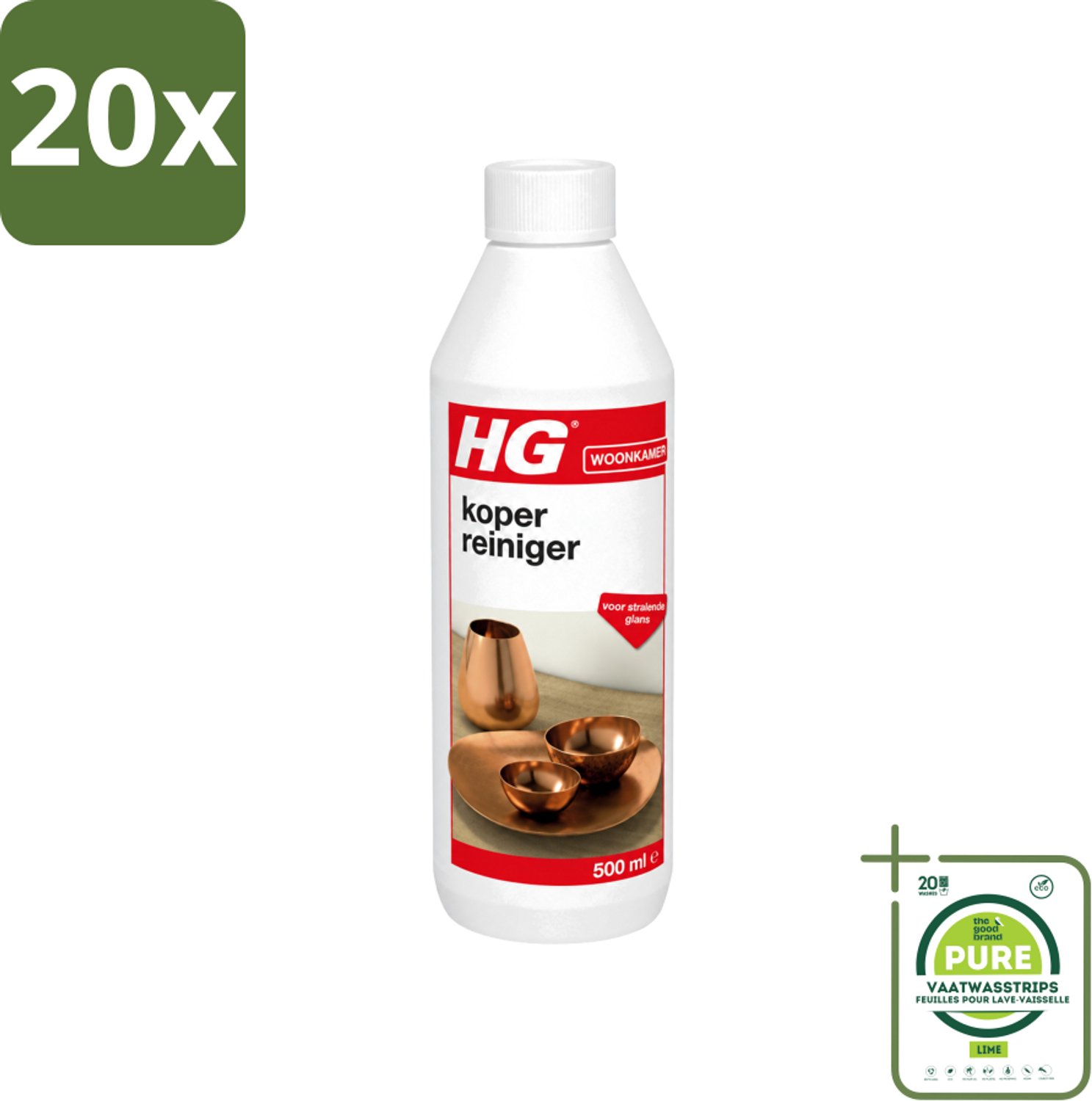 20 x HG - Koper Reiniger - Voor Stralende Glans - 500 ml - Grootverpakking - Vaatwasstrips - Koper Reinigen - Koper Glans - Messing Reinigen - Bronzen Reinigen - Koper Oplossing