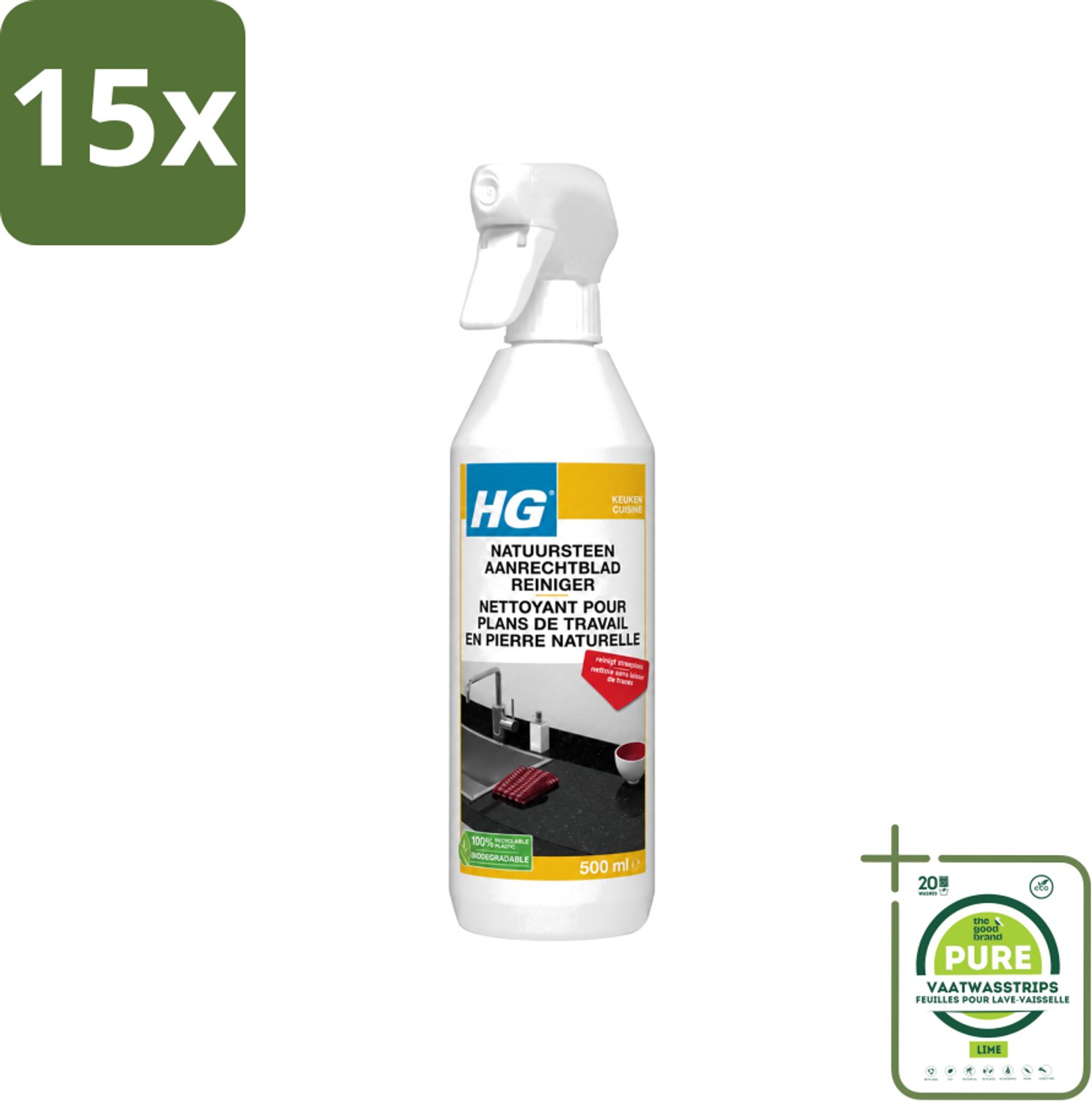15 x HG - Natuursteen Aanrechtblad Reiniger - Reinigt Streeploos - 500 ml - Grootverpakking - Vaatwasstrips - Natuursteen Aanrechtblad Reinigen - Natuursteen Reinigen - Graniet Reinigen - Marmer Reinigen - Hardsteen Reinigen