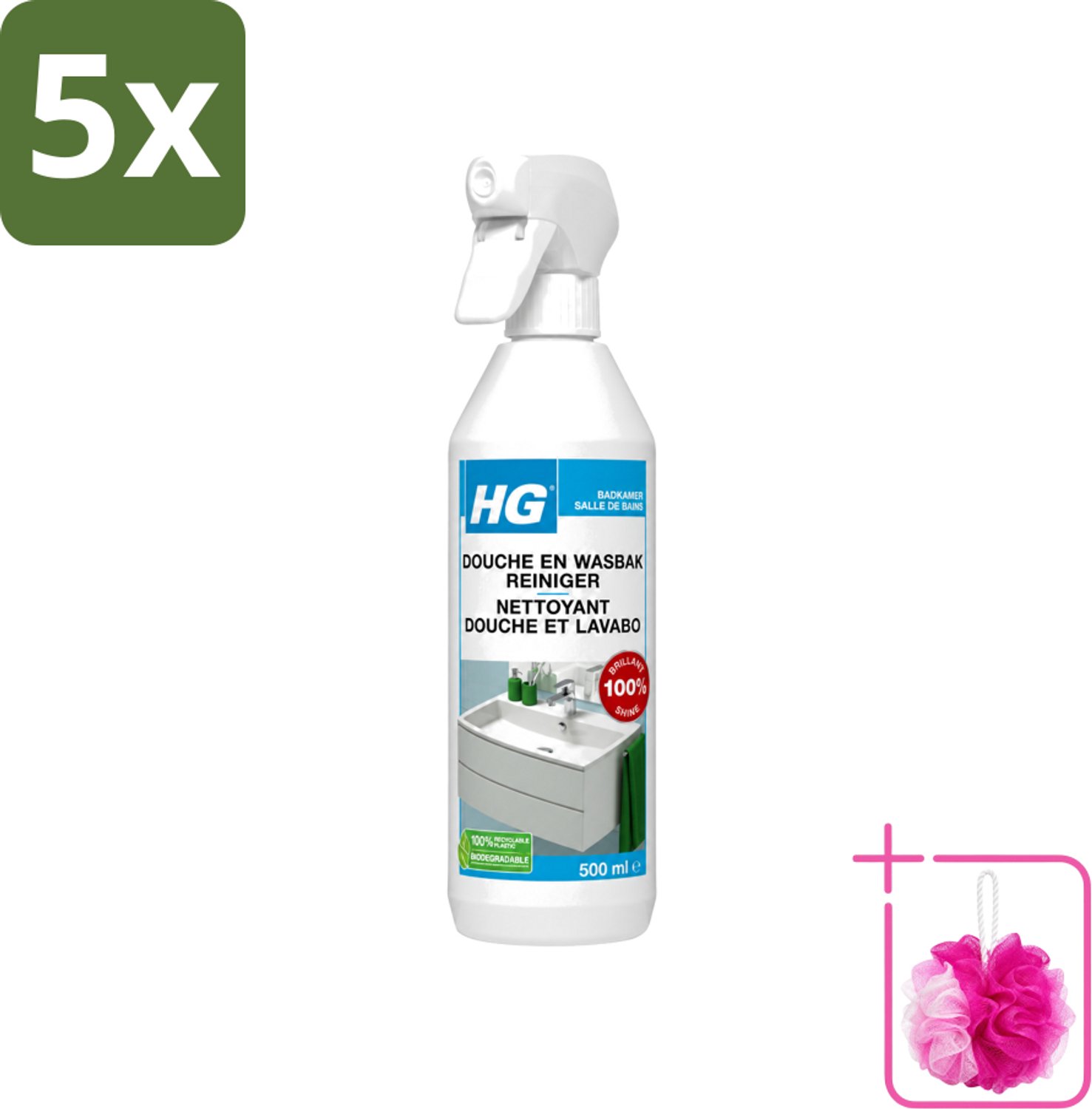 5 x HG - Badkamer - Douche-& Wasbakreiniger - Spray - Extra Glans - 500 ml - Bulkverpakking - Badkamer reinigen - Douchemop - Douche reinigen