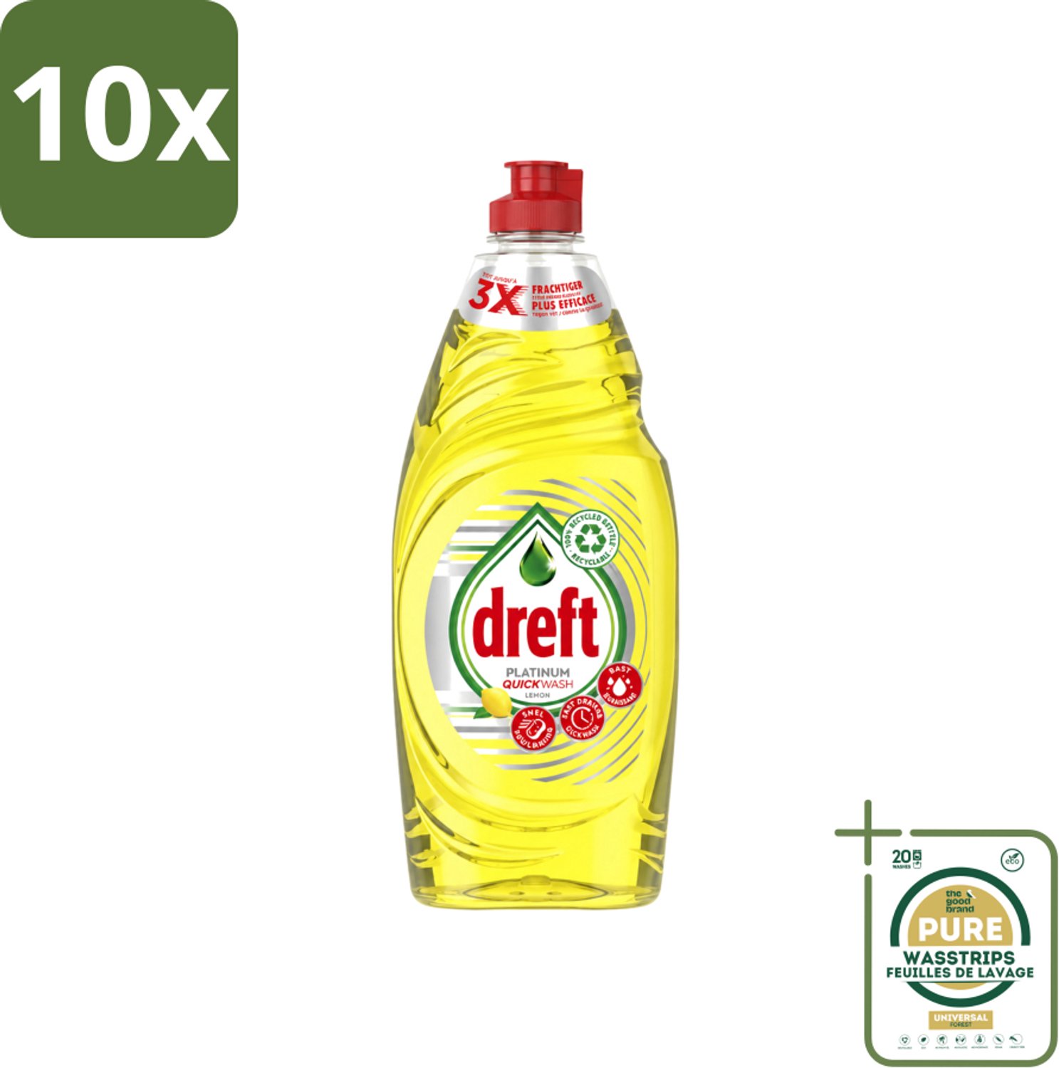 10 x Dreft Platinum Quickwash - Vloeibaar Afwasmiddel - Citroen- 625 ml - Wasstrips - Snel Reinigen - Vaat Reinigen - Citroengeur - Vetresten Verwijderen - Afwasmiddel