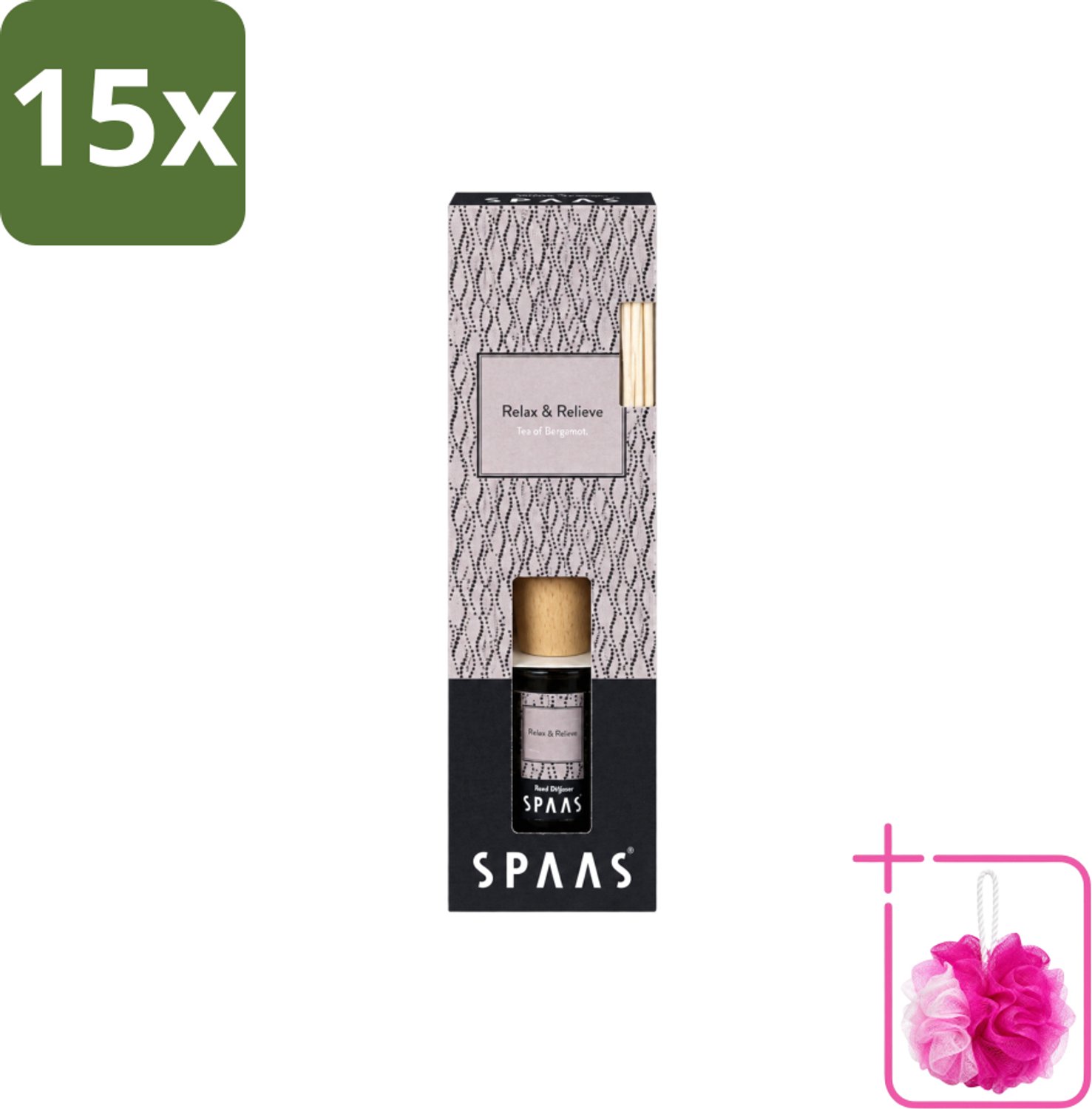 15 x Spaas - Geurstokjes - Relax & Relieve - Bergamotthee - 80 ml - Bulkverpakking - Geurstokjes - Douchemop - Bergamotthee