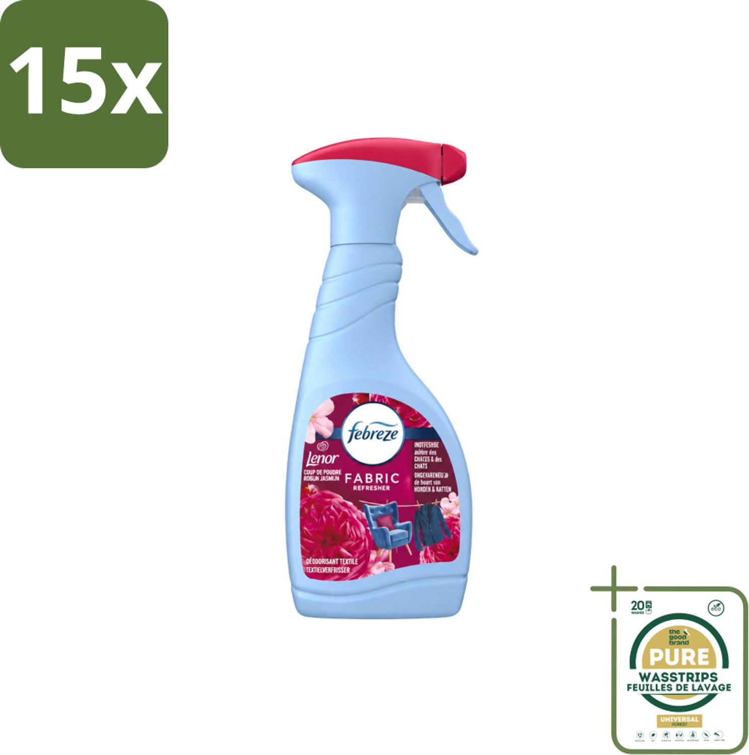 15 x Febreze – Textielspray – Robijn Jasmijn – 500 ml - Wasstrips - Textielverfrisser - Textielgeur - Geurverwijdering - Jasmijngeur - Robijngeur
