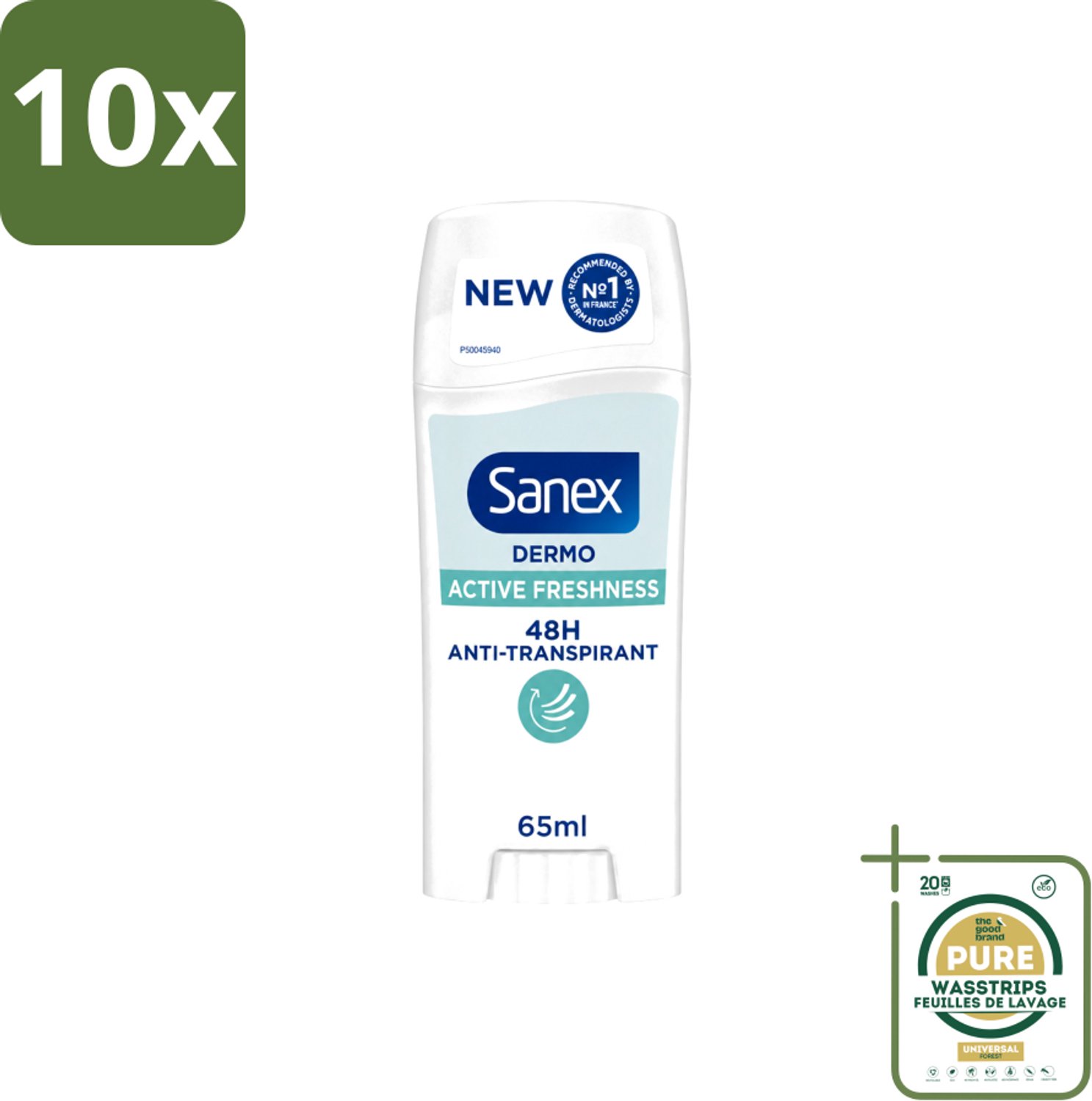 10 x Sanex – Deodorant Stick – Dermo Active Freshness – 65 ml - Wasstrips - Deodorantstick - Frisheid - Huidbescherming - Zachte Textuur - Langdurige Frisheid