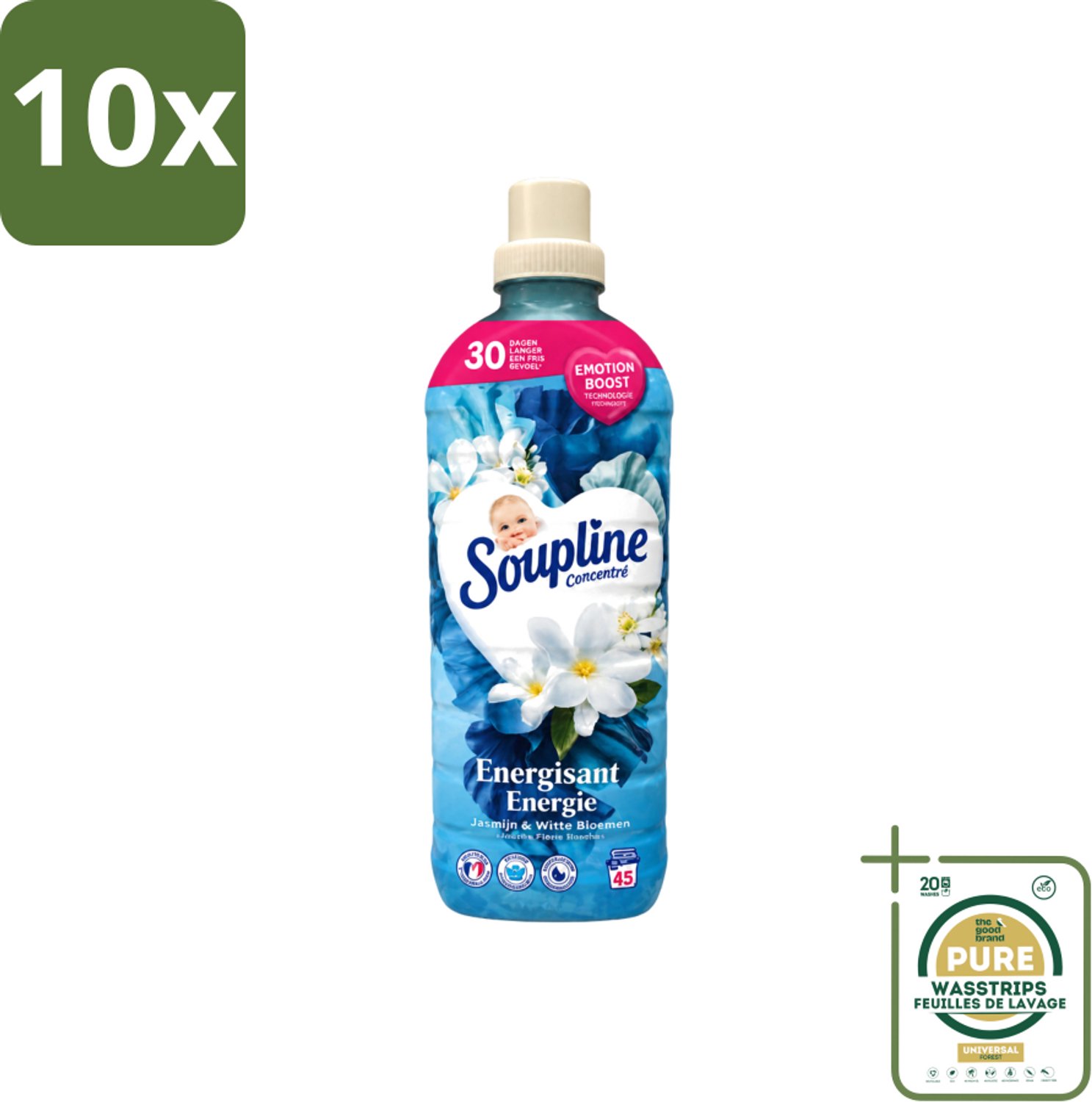 10 x Soupline – Wasverzachter – Energie Jasmijn & Witte Bloemen – 950 ml - Wasstrips - Wasverzachter - Jasmijn - Witte Bloemen - Fris - Energie