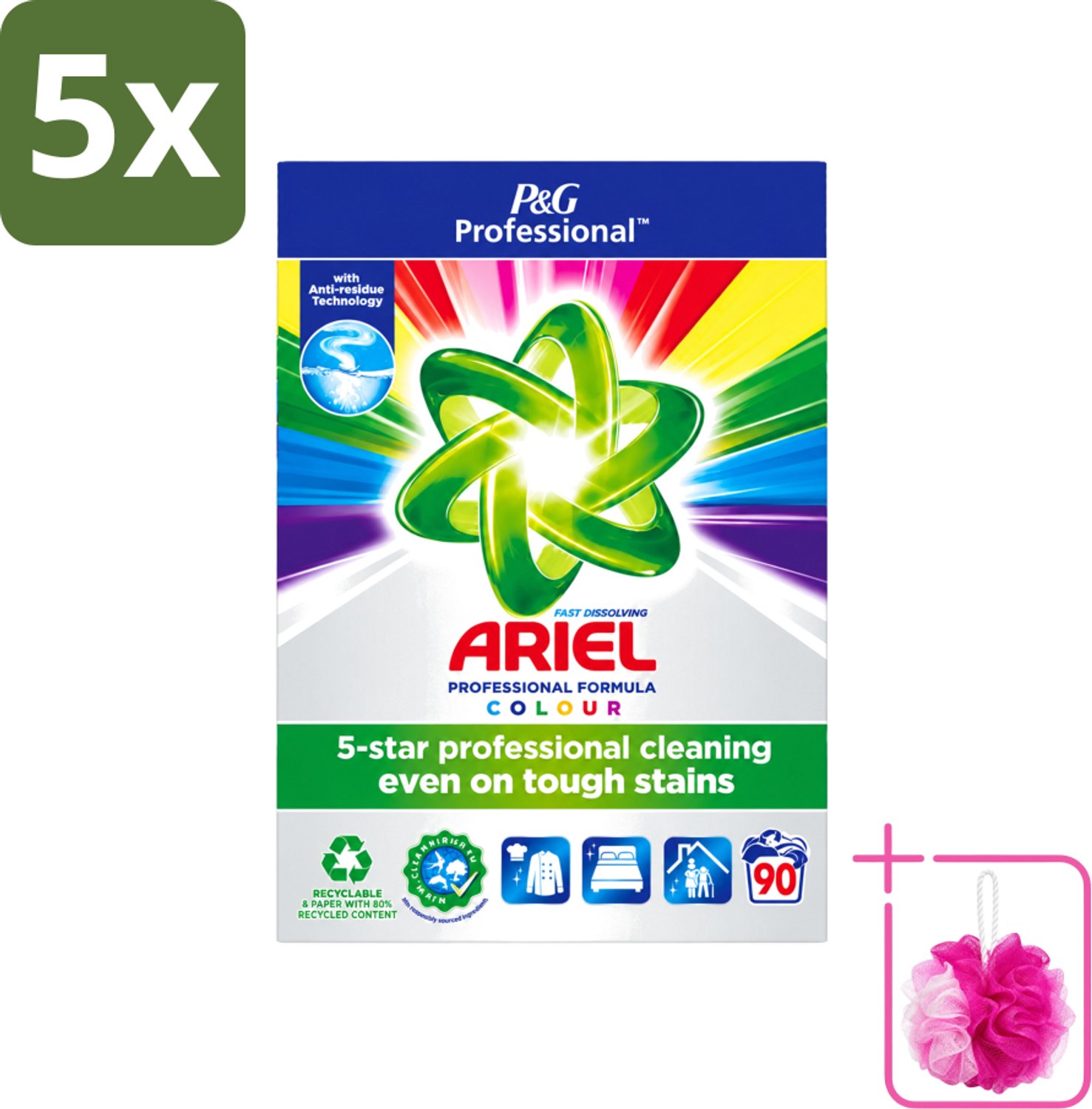 5 x Ariel Professional - Waspoeder - Gekleurde Was - 90 Wasbeurten - Bulkverpakking - Kleurverzorging - Douchemop - Waspoeder