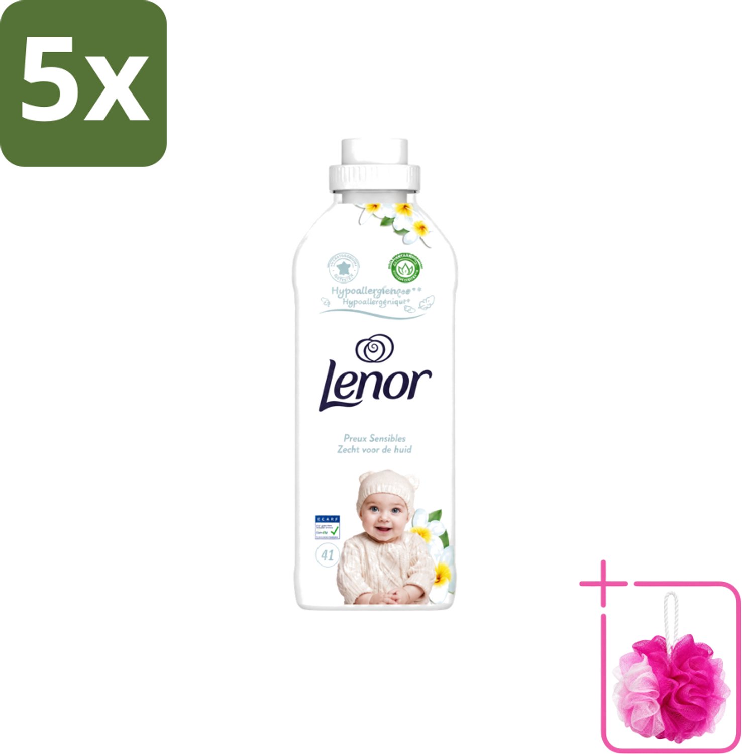 5 x Lenor - Wasverzachter - Gevoelig - Milde Geur - 41 Wasbeurten - Bulkverpakking - Wasverzachter - Douchemop - Gevoelige huid