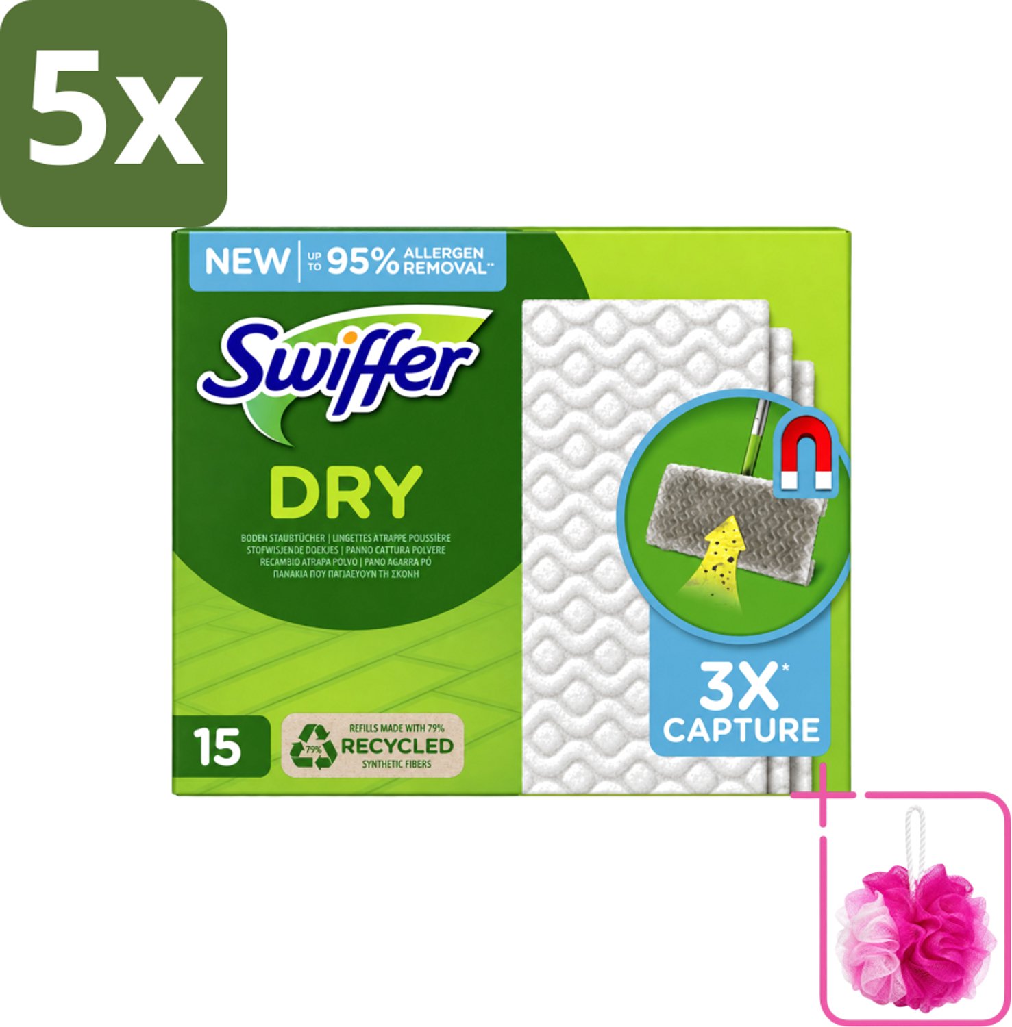 5 x Swiffer Dry - Vloerdoekjes - Navulling - Gerecyclede Fibers - 15 Doekjes - Bulkverpakking - Stofwisdoekjes - Douchemop - Stof opnemen