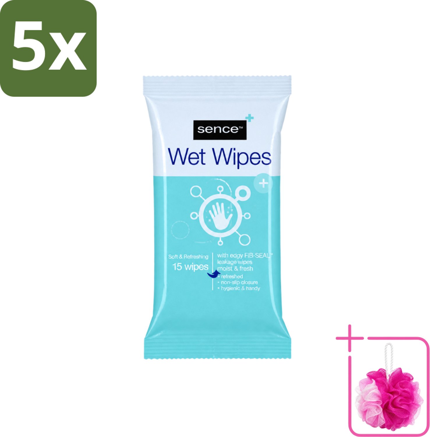 5 x Sence - Vochtige Doekjes - Hersluitbare Verpakking - 15 Doekjes - Bulkverpakking - Vochtige doekjes - Douchemop - Handdoek