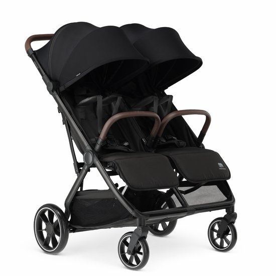 Zwarte Deryan duo buggy met twee zitjes, bruine handvatten en 'Deryan' logo.