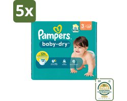 5 x Pampers – Luiers – Baby-Dry Maat 3 (6-10 kg) – 34 Luiers - Wasstrips - Babyluier - Babydouche - Droge Luier - Absorberende Luier - Luier Voor Baby