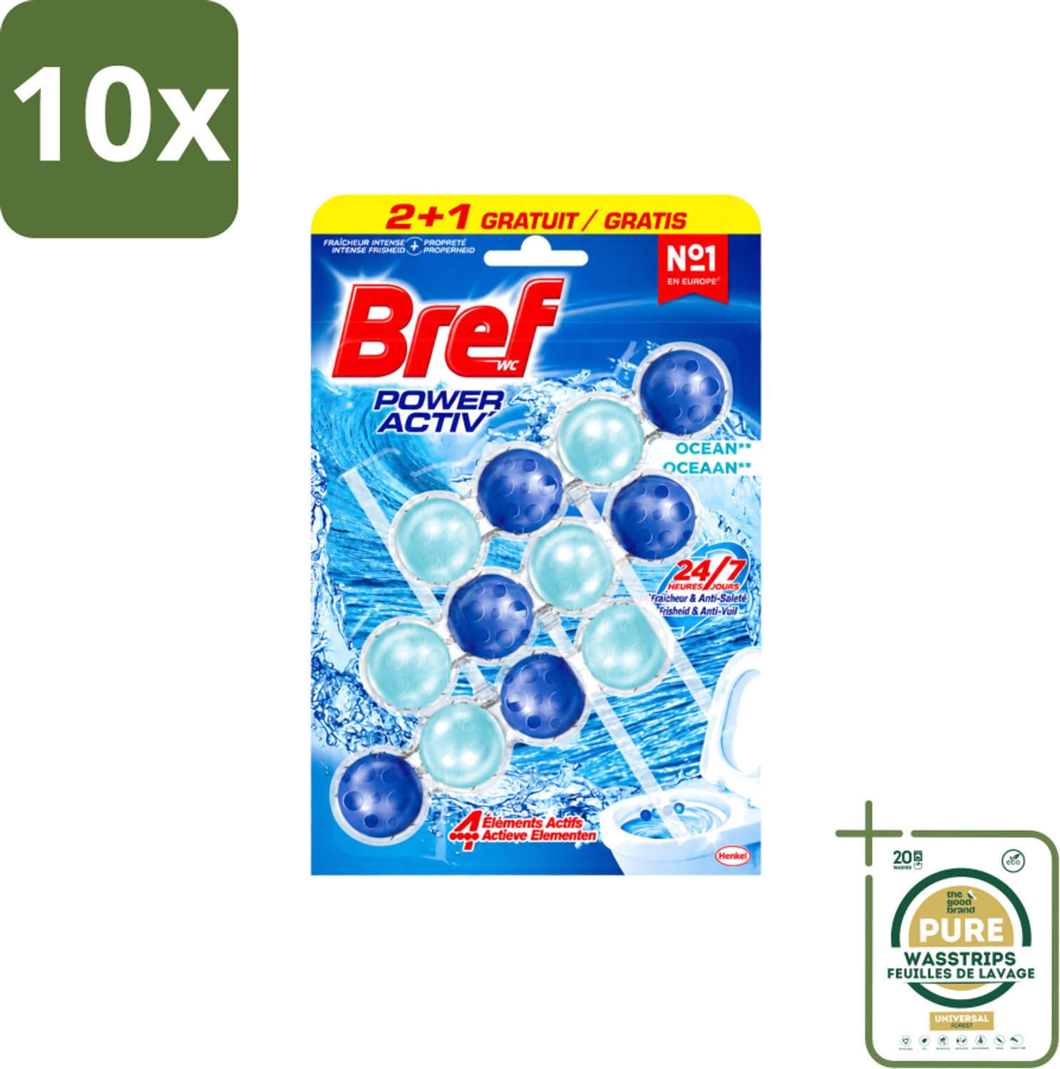 10 x Bref – Toiletblok – Power Aktiv Ocean – Multipack - Wasstrips - Toiletblok Multipack - Anti-kalk Toiletblok - Frisse Toiletgeur - Krachtige Reiniging - Ocean Geur