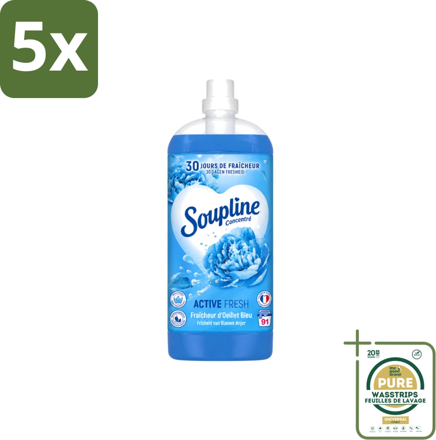 5 x Soupline – Wasverzachter – Active Fresh Frisheid van Blauwe Anjer – 2 L - Wasstrips - Wasverzachter - Frisheid - Blauwe Anjer - Wasgoed - Kleding