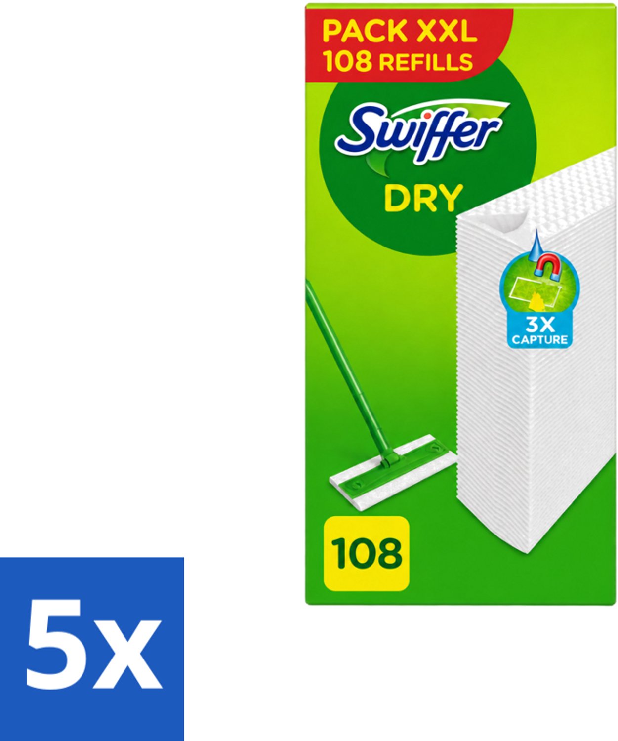 5 x Swiffer – Vloerdoekjes – Dry Navullingen – 108 doekjes - Voordeelverpakking - 5 stuks