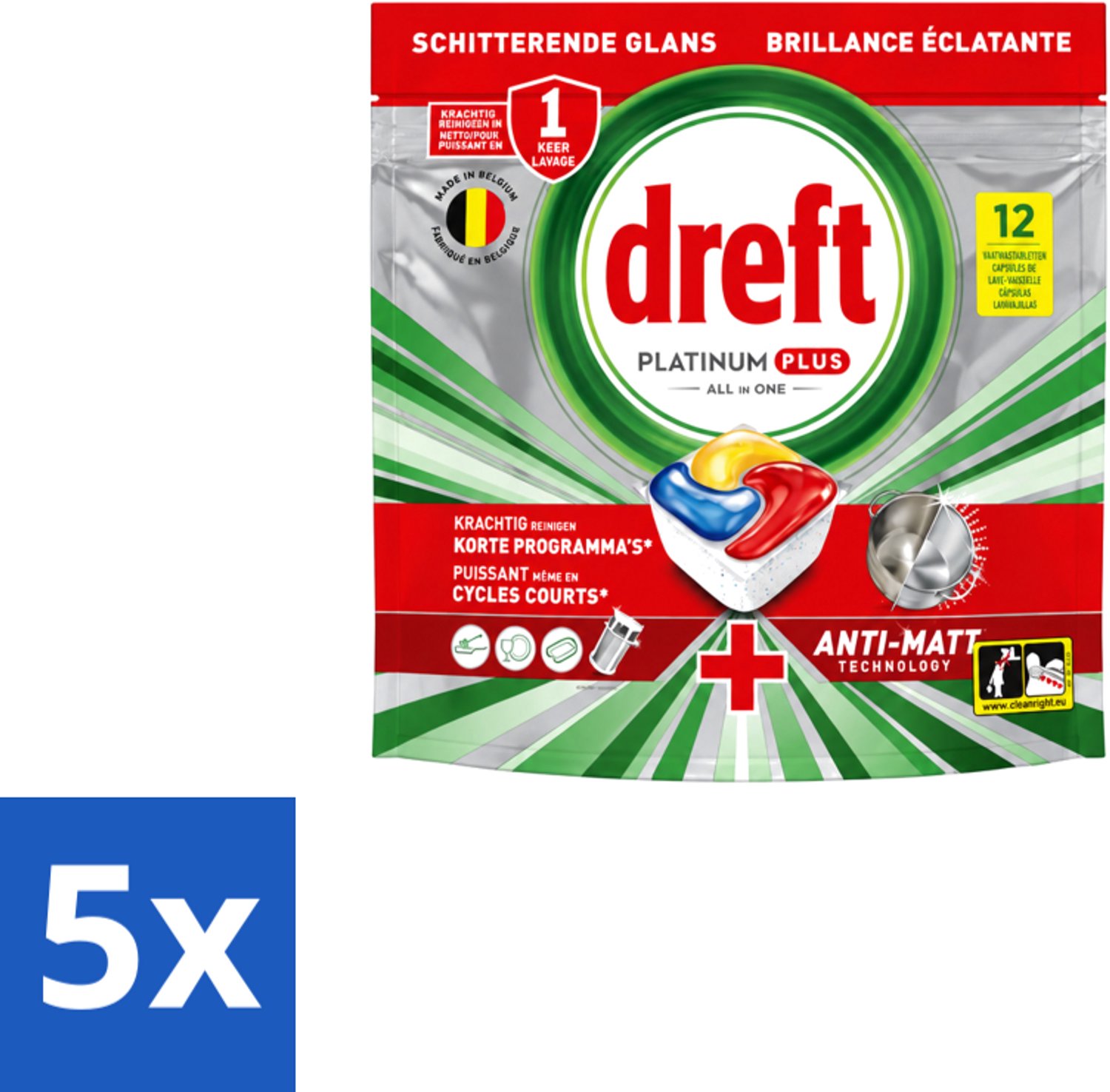 5 x Dreft – Vaatwastabletten – Platinum Plus All-in-One – Lemon – 12 Tabletten - Voordeelverpakking - 5 stuks