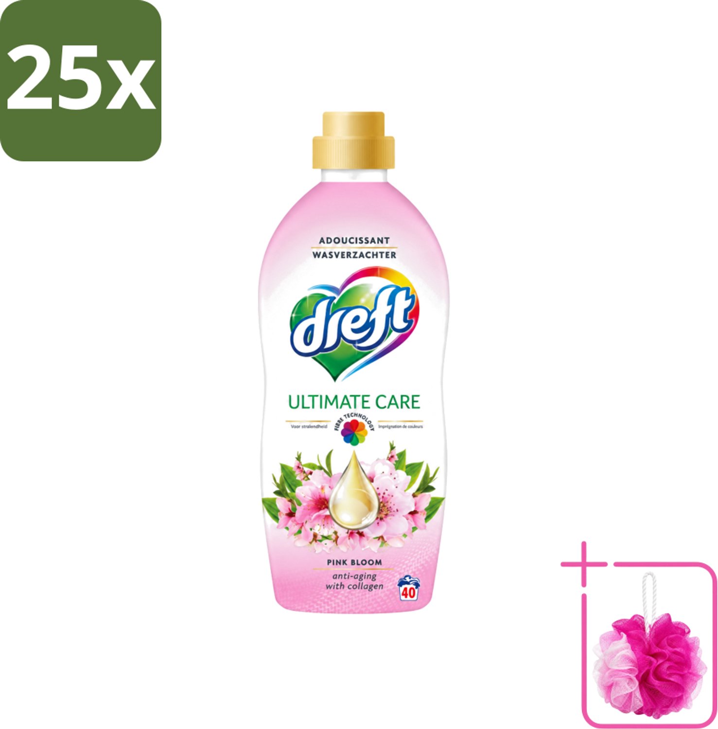 25 x Dreft - Ultimate Care - Wasverzachter - Roze Bloem - Anti-Veroudering - 40 Wasbeurten - Bulkverpakking - Wasverzachter - Douchemop - Anti-aging