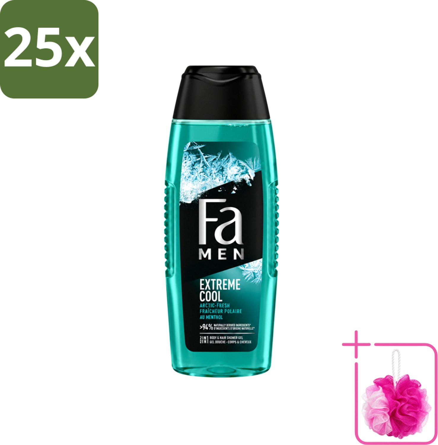 25 x Fa Men - Extreme Cool - 2 in 1 Douchegel & Shampoo - Menthol - 250 ml - Bulkverpakking - Douchegel en shampoo - Douchemop - Menthol