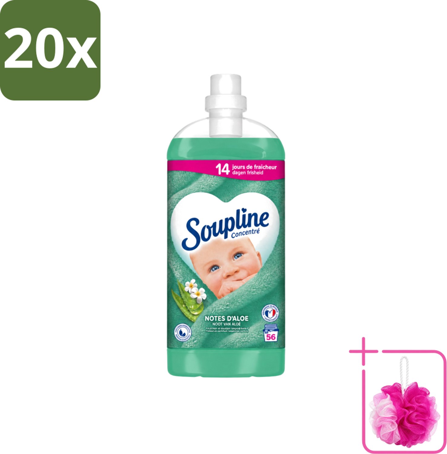 20 x Soupline - Wasverzachter - Aloë Vera - 56 Wasbeurten - 1.3L - Bulkverpakking - Wasverzachter aloë vera - Douchemop - Frisse geur