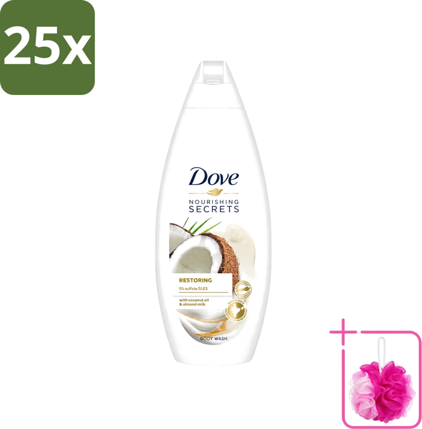 25 x Dove Nourishing Secrets - Douchegel - Kokosolie & Amandel melk - Sulfaatvrij - 250 ml - Bulkverpakking - Douchegel - Douchemop - Kokosolie