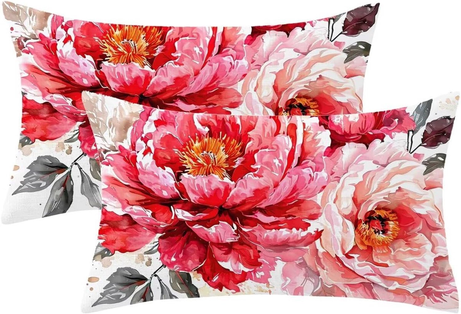 Kussen voor buiten, weerbestendig, roze kussensloop, 60 x 80 cm, set van 2, lentedecoratiekussen, bloemenpatroon met onzichtbare ritssluiting, bankkussen, outdoor, linnen, sierkussen voor balkon