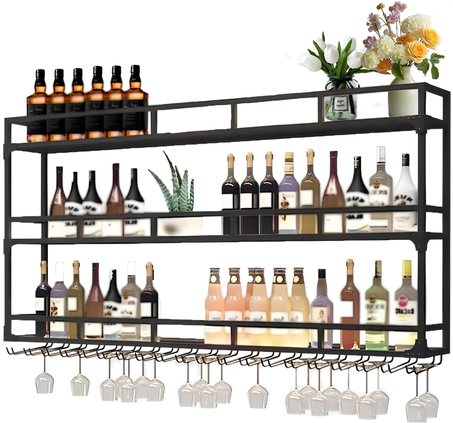 SNJY® Wijnrek Muur - Wijnrek Hangend - Wijnrek Industrieel - 25D x 120B x 90H cm - Zwart