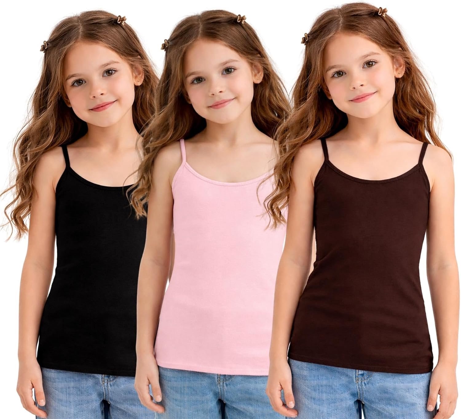 Set van 3 tanktops voor meisjes en kinderen, spaghettibandjes, effen hemdje, cami-top, basislaag voor kinderen, lichtgewicht, mouwloos hemdje, zomervest, tops voor meisjes, kleding met
