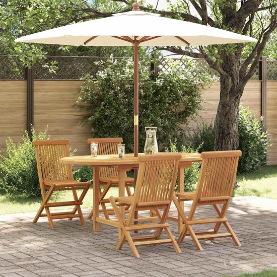 5 stuks, bruin, massief teak, moderne tuintafelset met strakke lijnen en minimalistisch design voor terras en tuin, natuurlijke bruine afwerking, geolied — afbeelding 2
