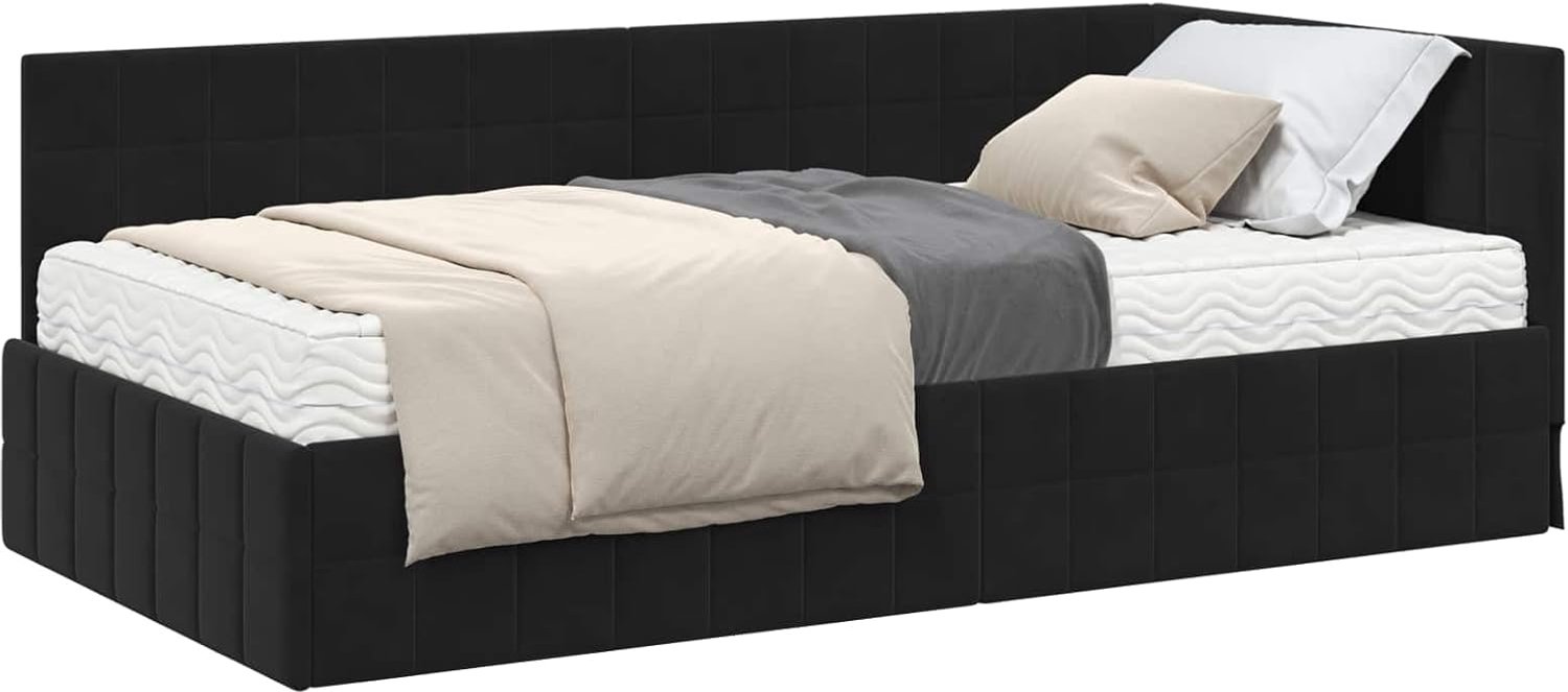 Hoekbedframe met matras en aan de muur gemonteerde hoofdeinde, 2-delig, zwart, middelharde schuimmatras, modern design