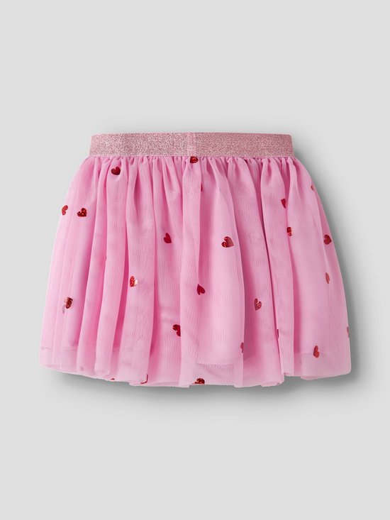 Roze tule rok, versierd met rode hartjes en een tailleband met glitters.