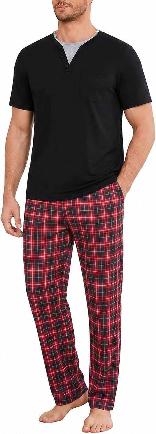 Pyjama voor heren, katoen, korte mouwen, lange broek met zakken