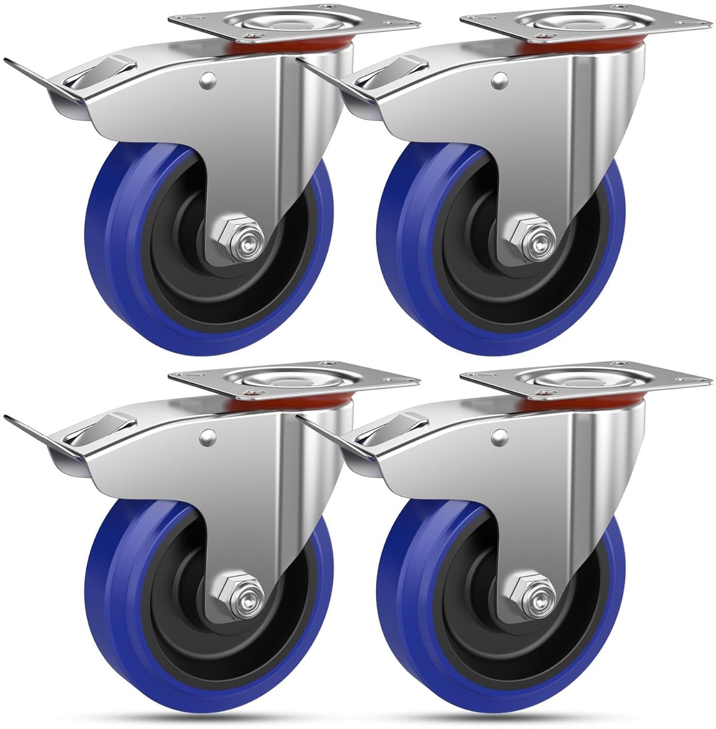 Zware Rubber Zwenkwielen 100 mm Set van 4 met Rem, Ideaal voor Meubeltransport tot 200 kg, 360 Graden Draaiend, Voor Binnen en Buiten Gebruik