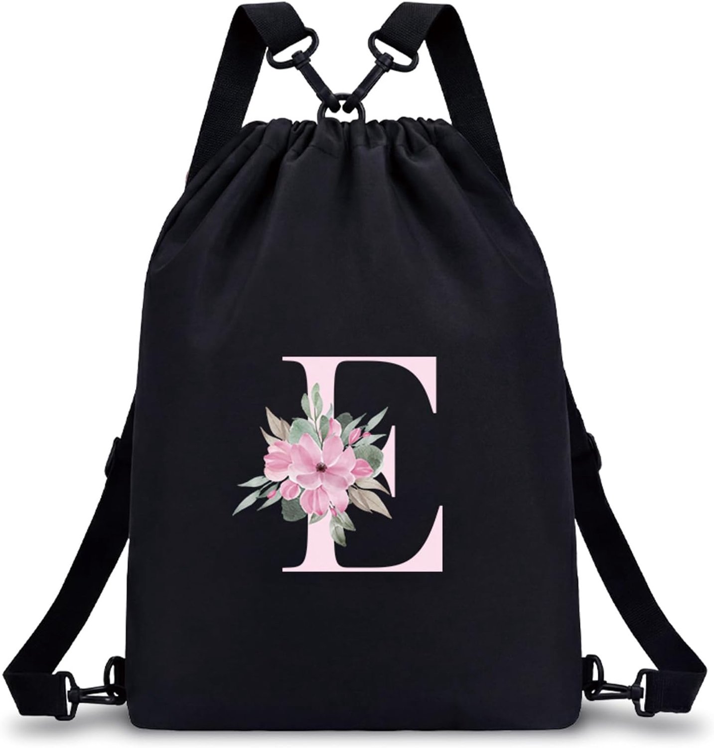 Personalizzabile con Iniziale Fiore Borsa Sportiva 4 in 1 (Zaino/Borsa a Tracolla/Portatile) Impermeabile per Fitness, Nuoto, Scuola e Viaggi, Nero, E
