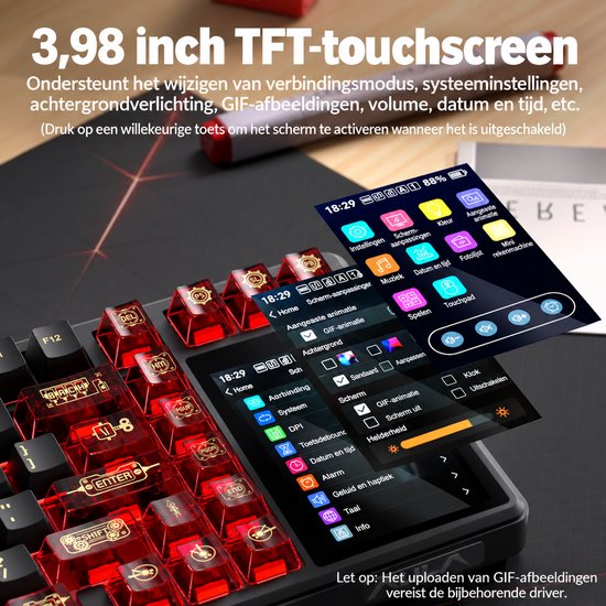 Close-up van het 3,98 inch TFT-touchscreen op het AULA L99 toetsenbord met systeeminstellingen.