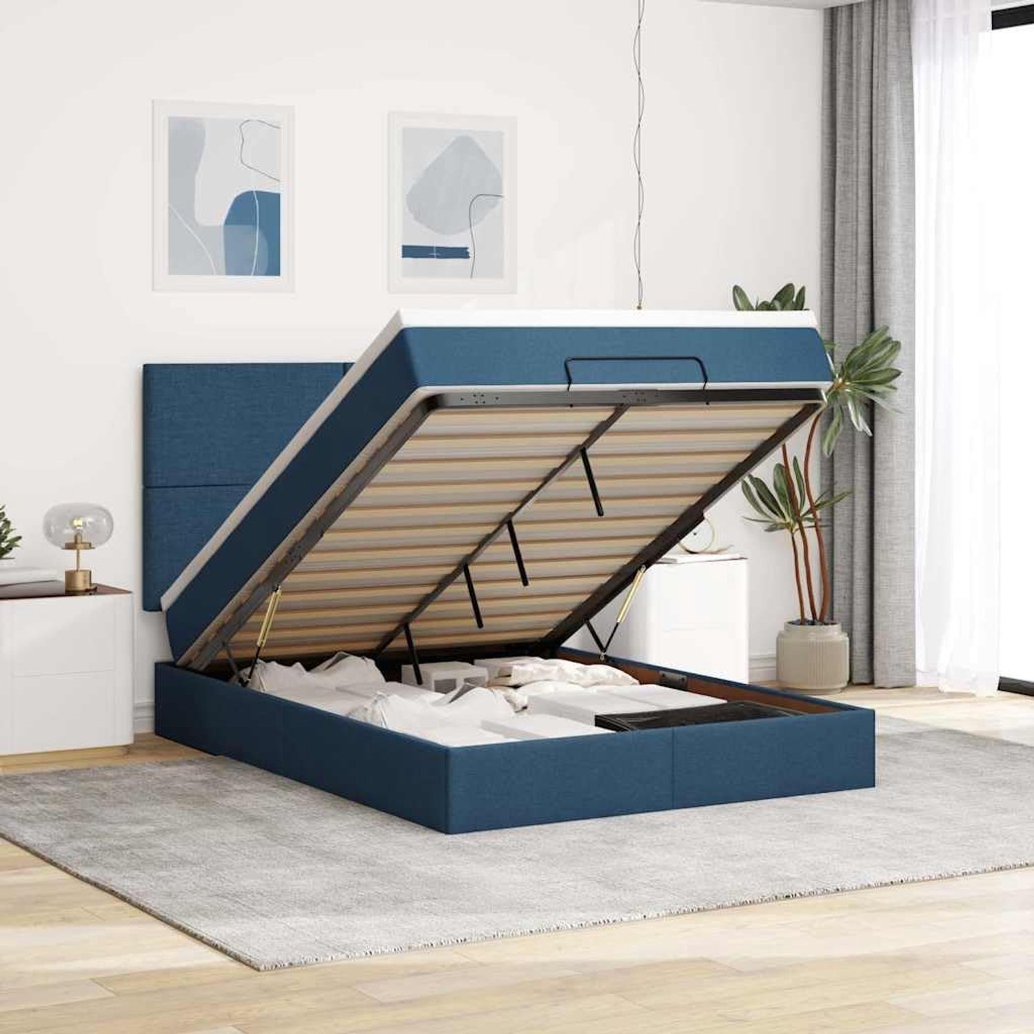 Opbergbed met pocketveringmatras Polyesterstof 140x190cm Blauw
