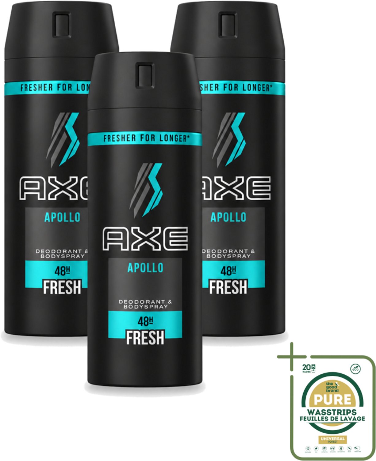 3 x Axe - Deodorant Bodyspray - 48hrs Non Stop Fresh - Apollo - 150 ml - Wasstrips - Axe Apollo Deodorant Bodyspray - 48h Non Stop Fresh - Deodorant Bodyspray - Lichaamsgeur - Fris