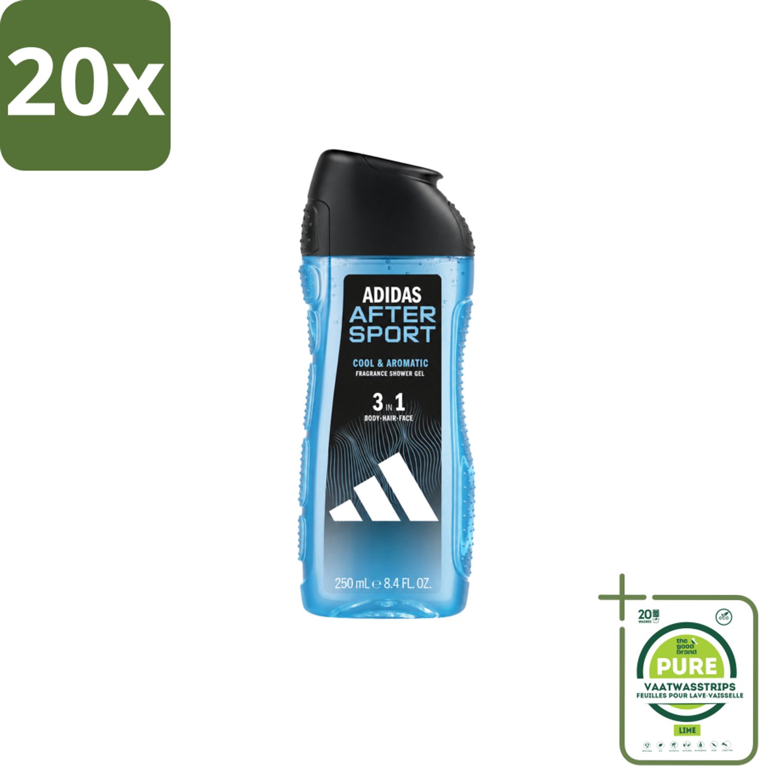 20 x Adidas – Douche & Shampoo – Men After Sport – 250 ml - Grootverpakking - Vaatwasstrips - Sport Na Sport - Sportverzorging - Lichaam En Haar Verzorging - Menthol - Frisheid