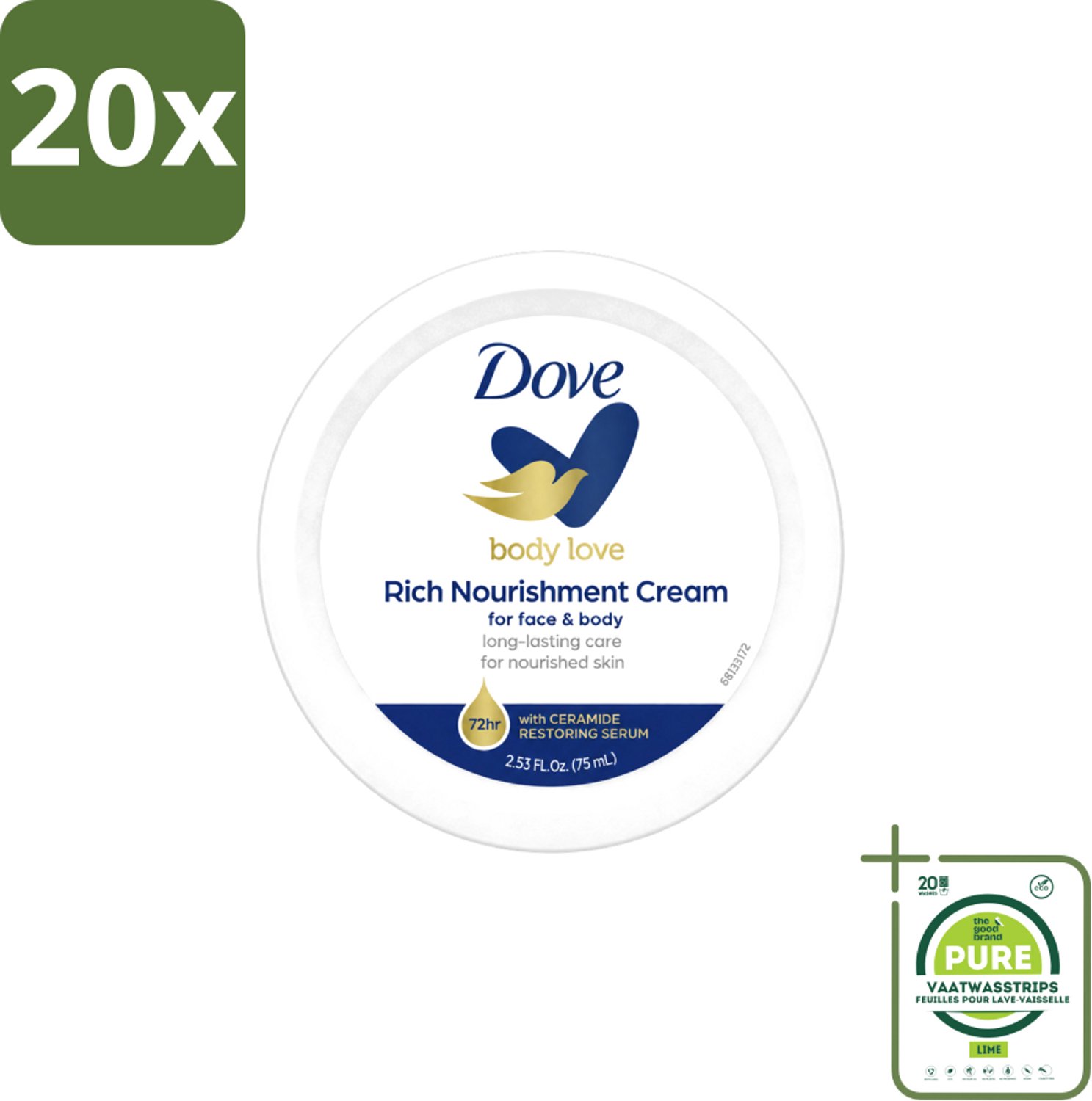20 x Dove – Bodycrème – Rich Nourishment – 75 ml - Grootverpakking - Vaatwasstrips - Bodycrème - Hydratatie - Droge Huid - Voedende Crème - Huid Verzorging
