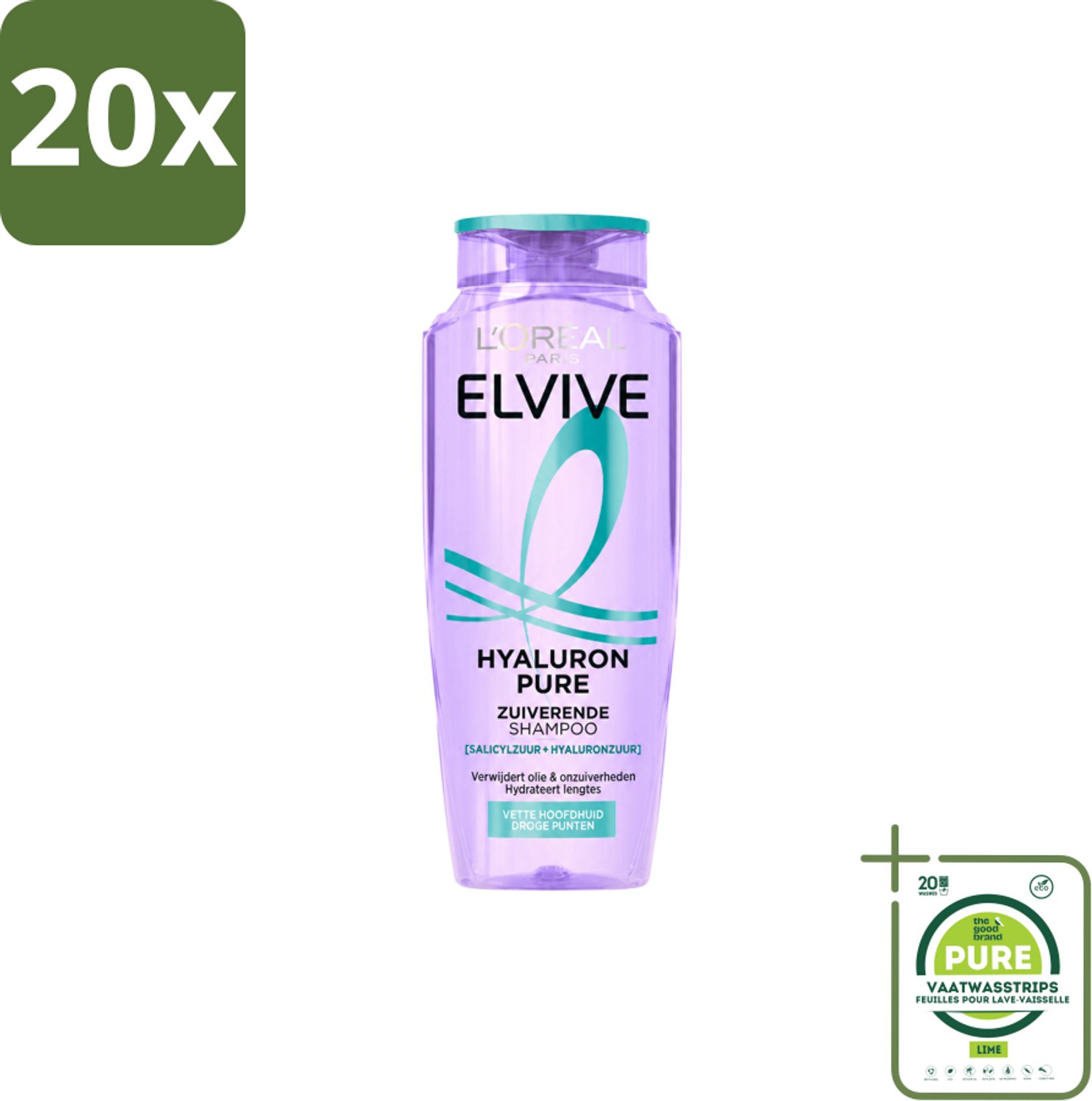 20 x L’Oréal Paris Elvive – Shampoo – Hyaluron Pure – Zuiverend – 250 ml - Grootverpakking - Vaatwasstrips - Zuiverende Shampoo - Hyaluronzuur Shampoo - Salicylzuur Shampoo - Vette Hoofdhuid Shampoo - Droge Punten Shampoo
