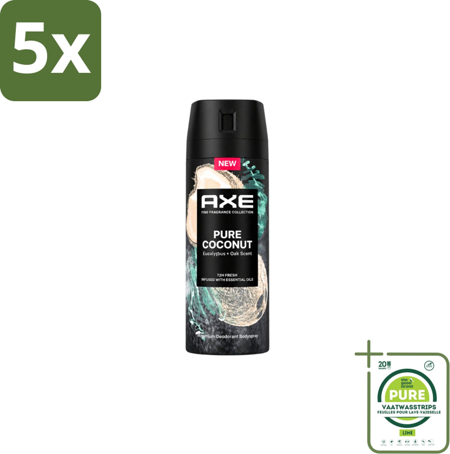 5 x Axe – Deodorant Spray – Pure Coconut – 150 ml - Grootverpakking - Vaatwasstrips - Deodorant Spray - Kokosgeur - Frisheid - Transpiratiegeur - Huidbescherming
