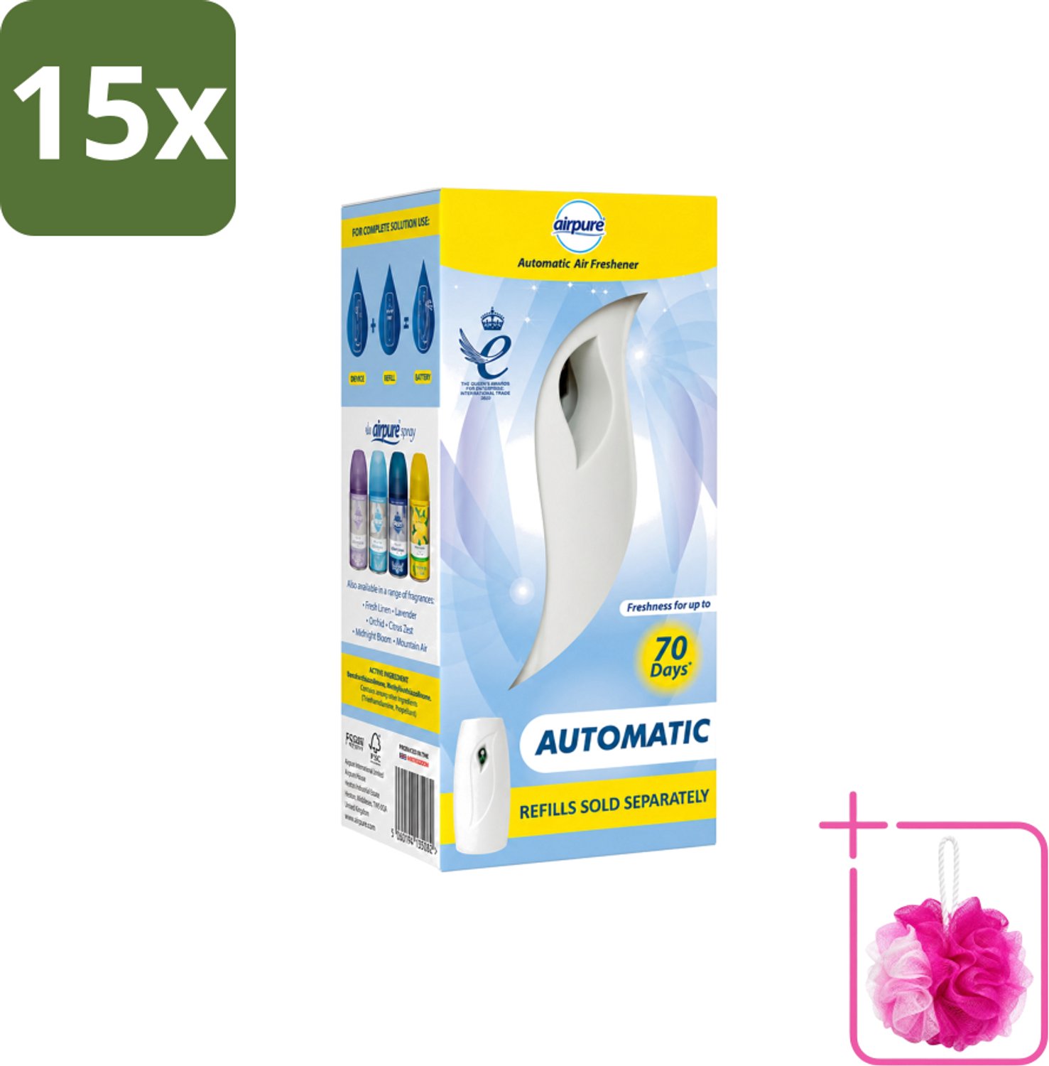 15 x Airpure - Luchtverfrisser - Freshmatic - Automatische Luchtverfrisser - Continue Geurverspreiding - 1 Luchtverfrisser - Bulkverpakking - Automatische luchtverfrisser - Douchemop - Geur dispenser
