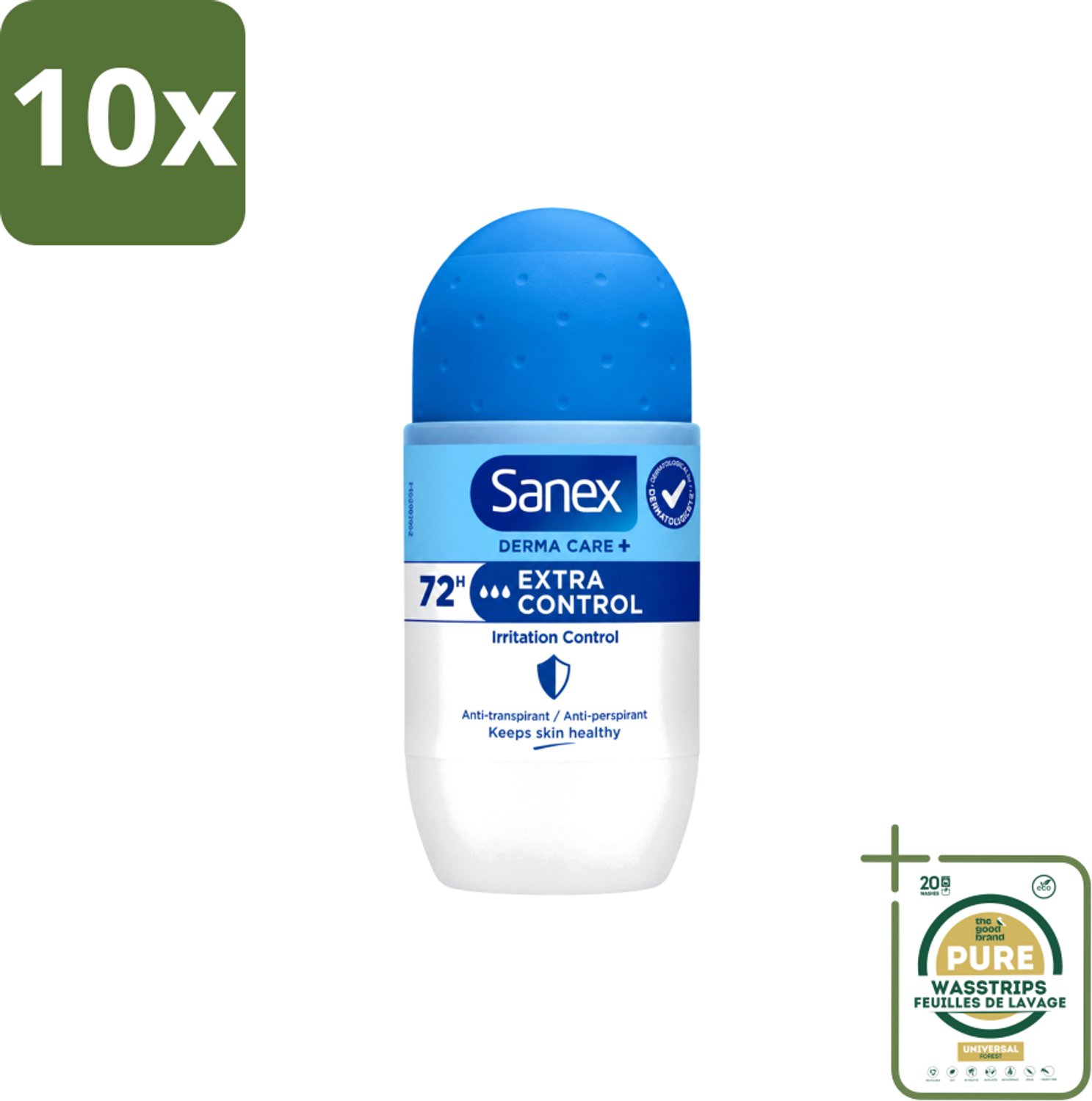 10 x Sanex – Deo Roll-on – Dermo Extra Control – 53 ml - Wasstrips - Anti-transpirant - Zweetvermindering - Huidbalans - Aluminiumchloride - Geur