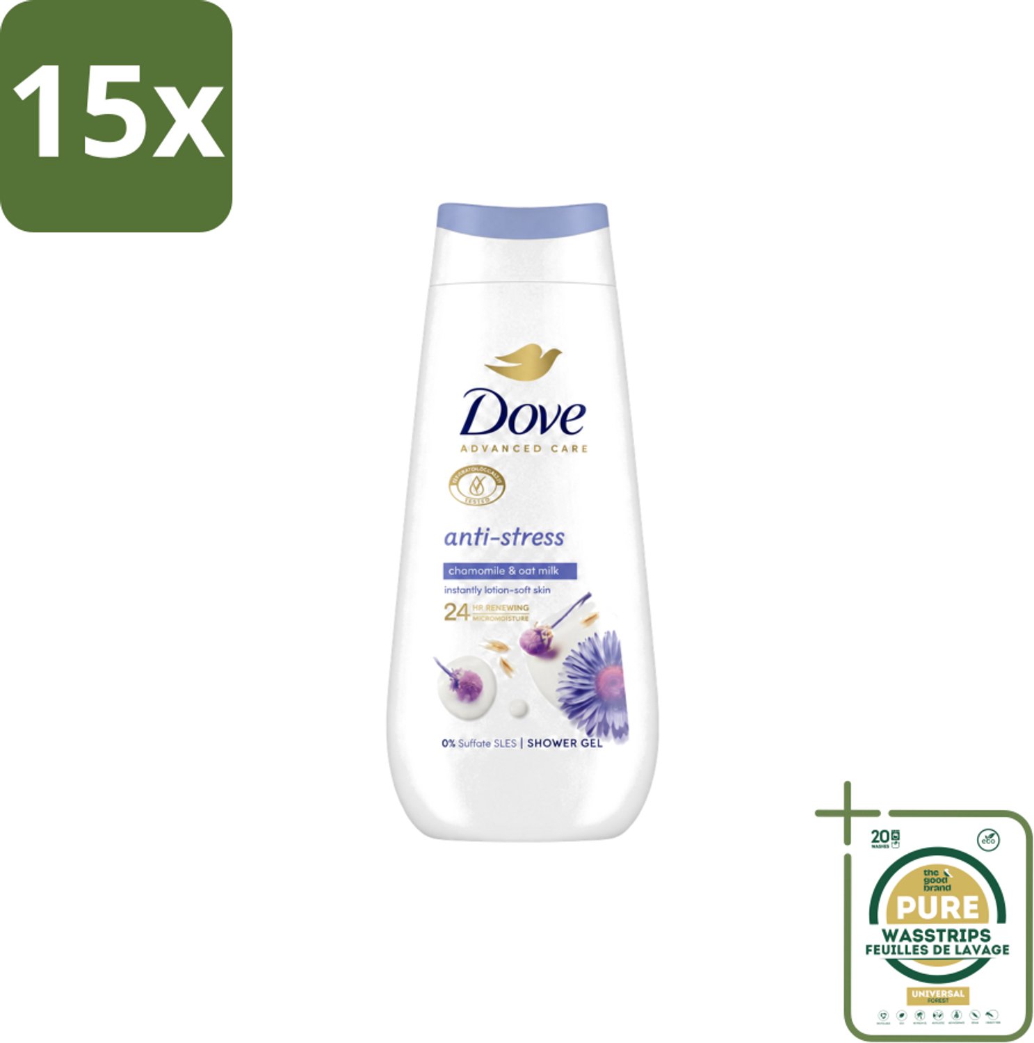 15 x Dove – Douchecrème – Anti-Stress – 225 ml - Wasstrips - Douchecrème Anti-stress - Ontspannende Douche - Droge Huid Verzorging - Blauwe Kamille - Havermelk