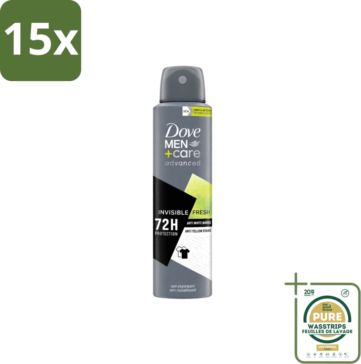 15 x Dove Men+Care – Deodorant Spray – Advanced Invisible Fresh – 150 ml - Wasstrips - Deodorant Spray Voor Mannen - Geur Tegen Zweet - Verzorging Okselhuid - Frisheid - Zweetgeur