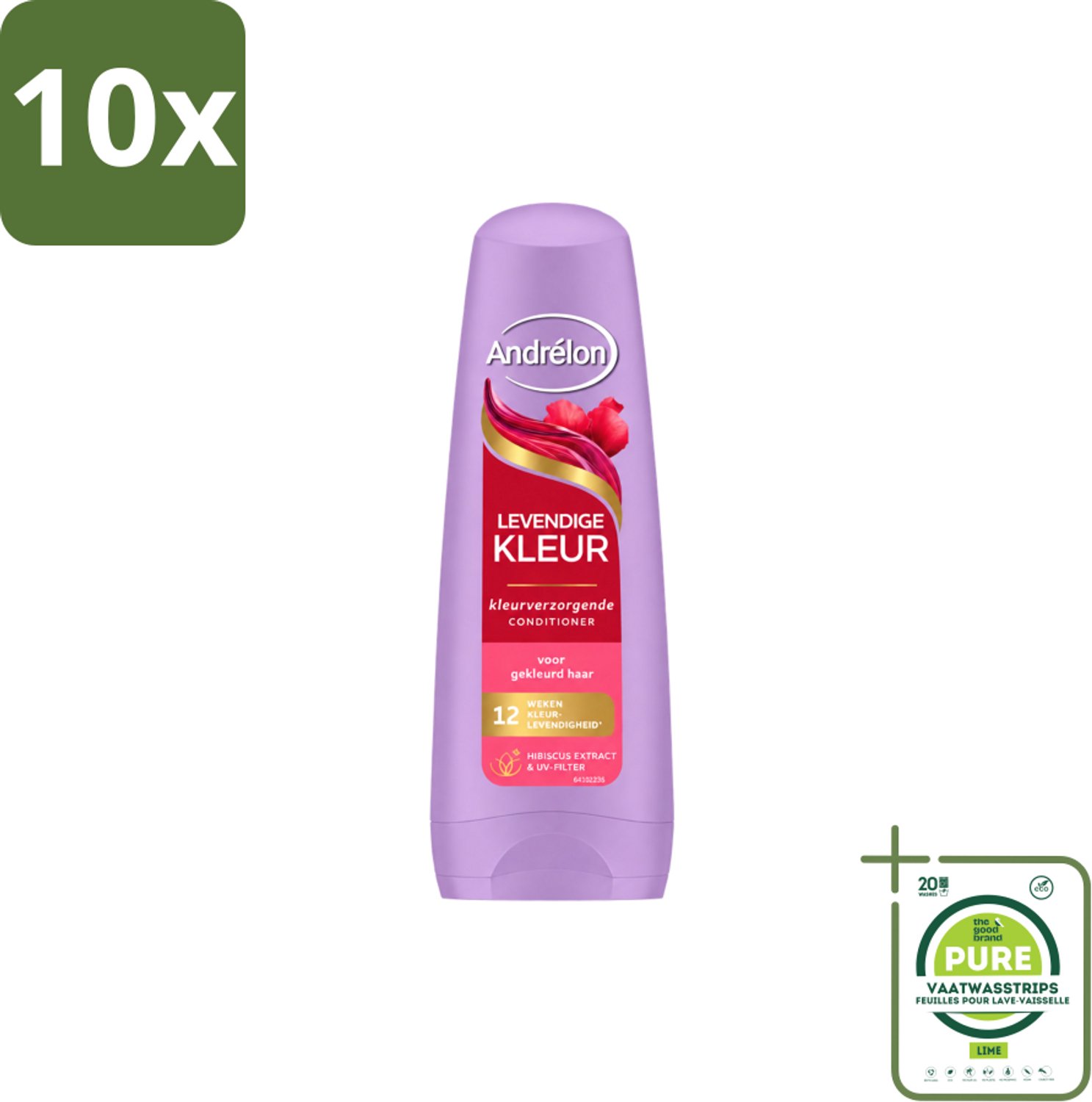10 x Andrélon – Conditioner – Levendige Kleur – 200 ml - Grootverpakking - Vaatwasstrips - Kleurvervanging - Haarkleur Beschermen - UV-filter - Hibiscus-extract - Haar Verzorgen