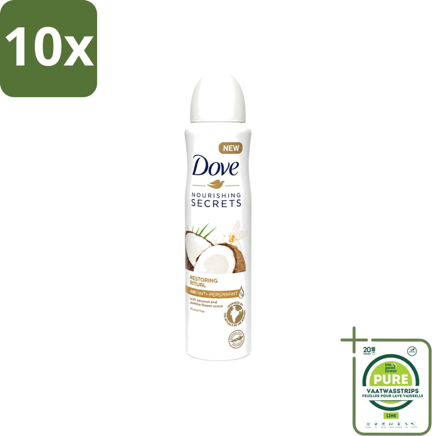 10 x Dove – Deodorant Spray – Restoring Ritual Cocos & Jasmijn – 150 ml - Grootverpakking - Vaatwasstrips - Deodorant Spray - Okselverzorging - Kokos En Jasmijn - Alcoholvrije Deodorant - Huidverzorging