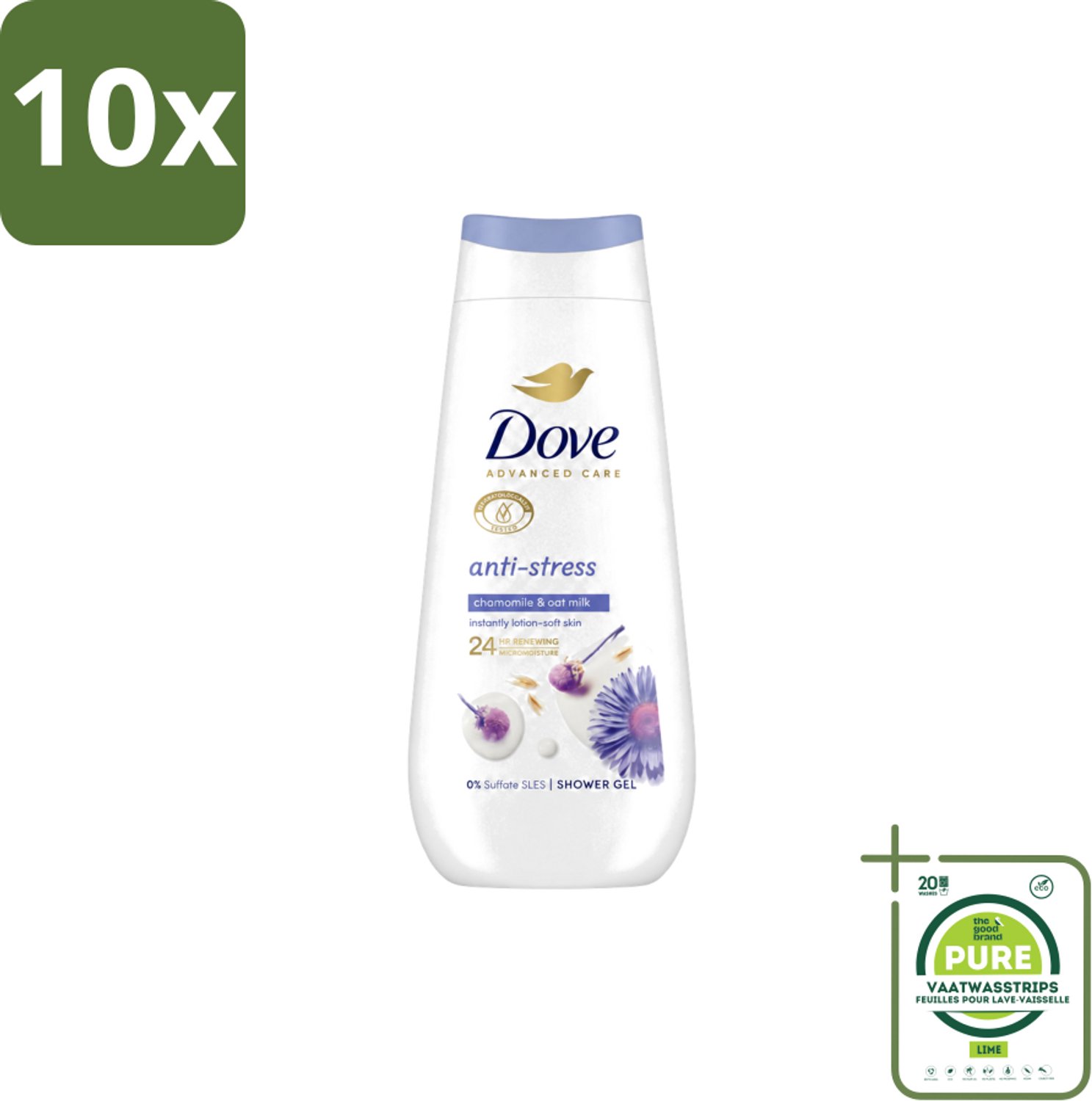 10 x Dove – Douchecrème – Anti-Stress – 225 ml - Grootverpakking - Vaatwasstrips - Douchecrème Anti-stress - Ontspannende Douchecrème - Droge Huid Verzorgen - Hydratatie - Blauwe Kamille
