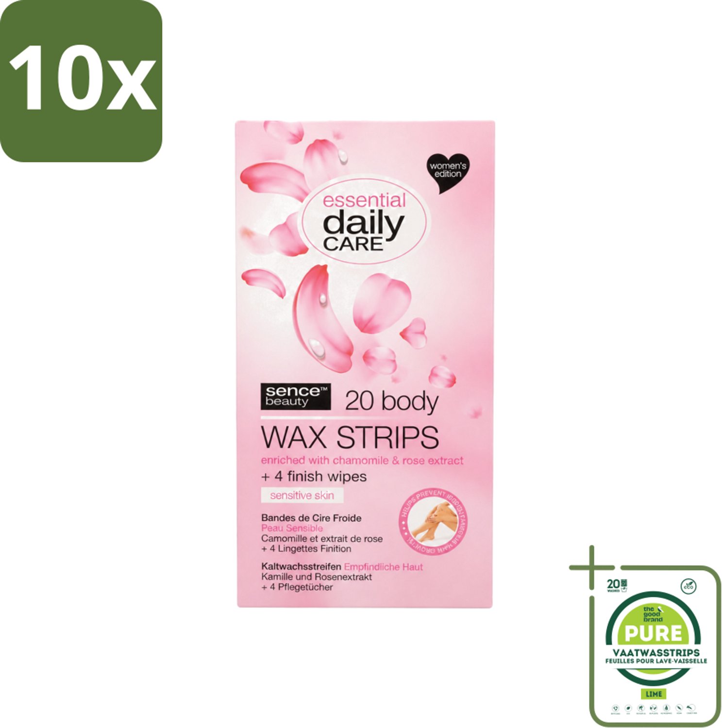 10 x Sence – Wax Strips – Lichaam – Ontharing – 20 Strips - Grootverpakking - Vaatwasstrips - Waxstrips Voor Het Lichaam - Ontharen Zonder Scheren - Gevoelige Huid - Kamille Extract - Rozenextract
